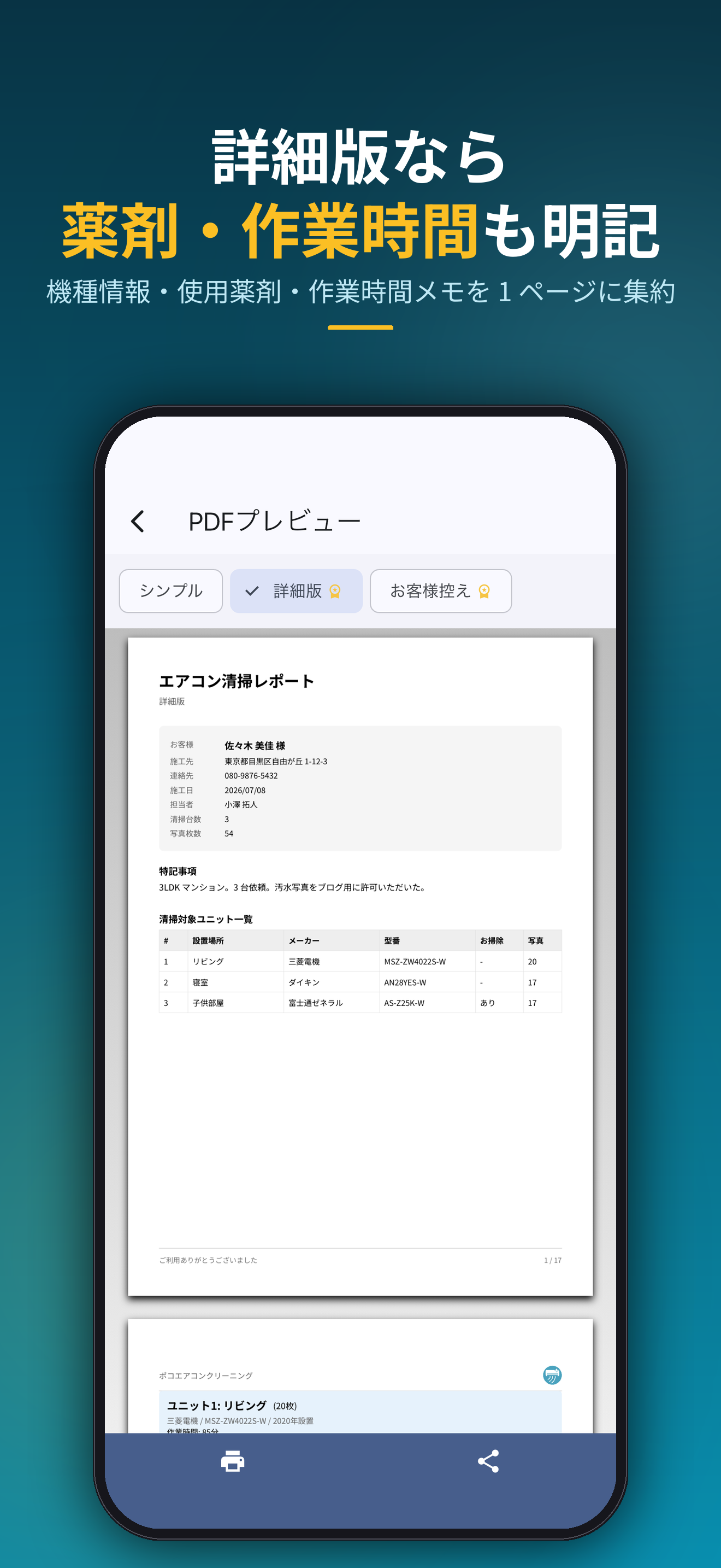 詳細版なら薬剤・作業時間も明記。機種情報・使用薬剤・作業時間メモを 1 ページに集約
