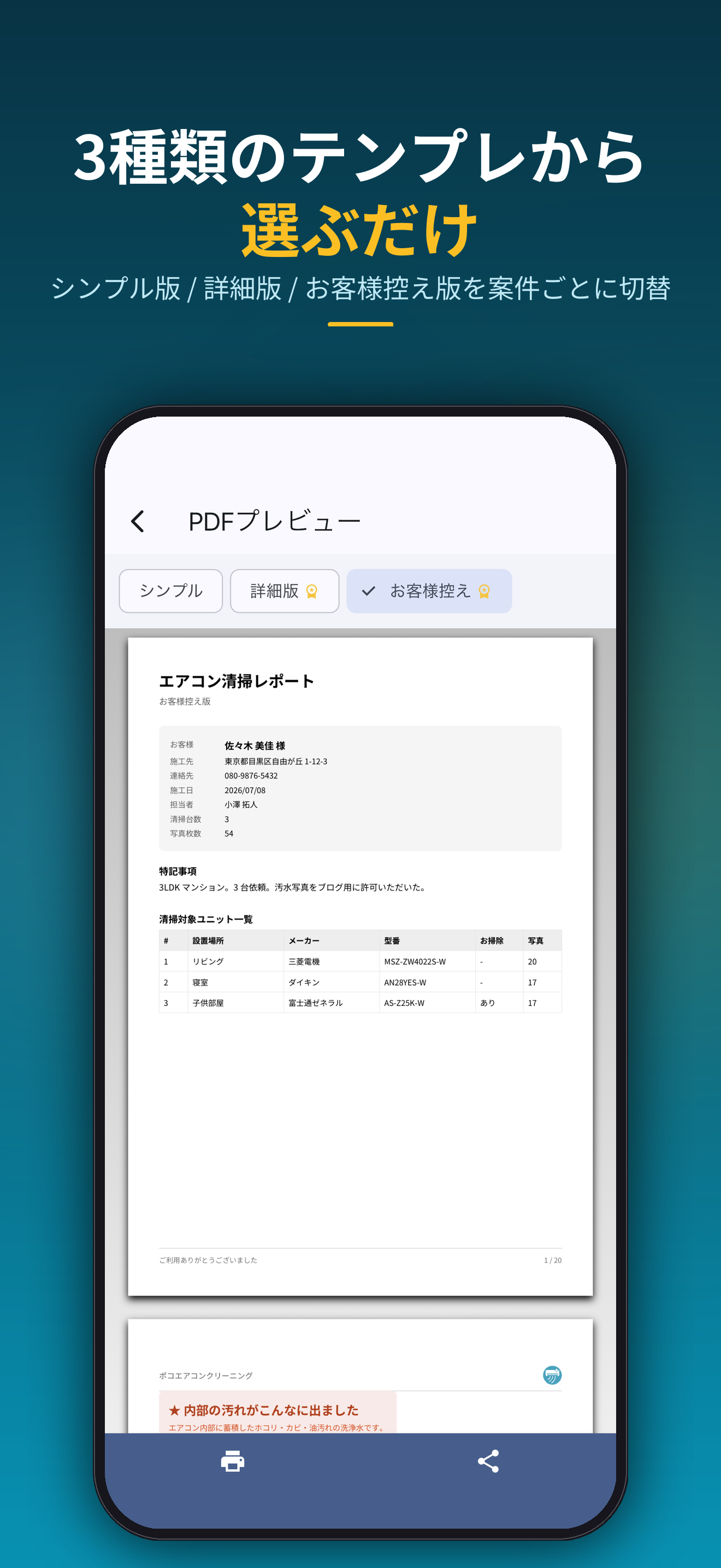 3種類のテンプレから選ぶだけ。シンプル版 / 詳細版 / お客様控え版を案件ごとに切替