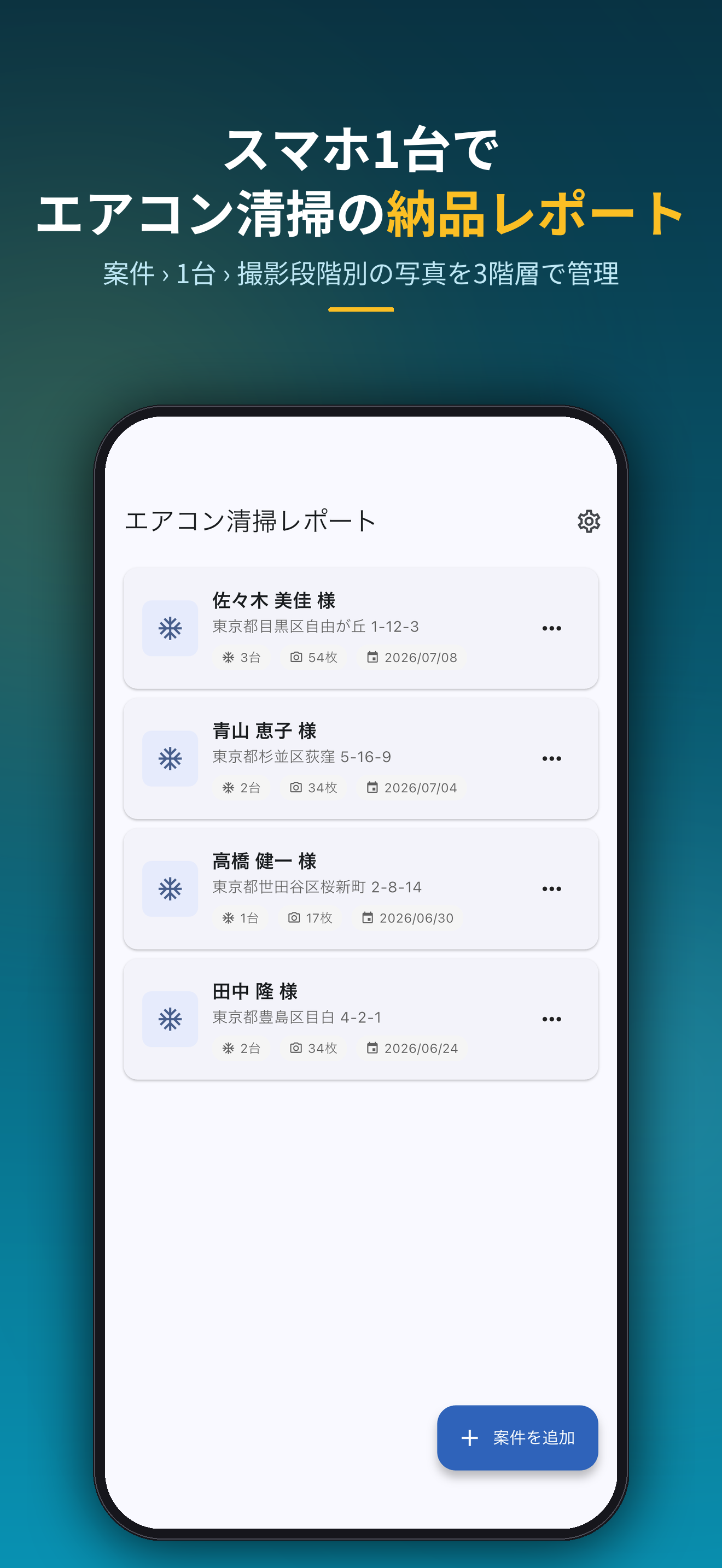 スマホ1台でエアコン清掃の納品レポート。案件 › 1台 › 撮影段階別の写真を3階層で管理