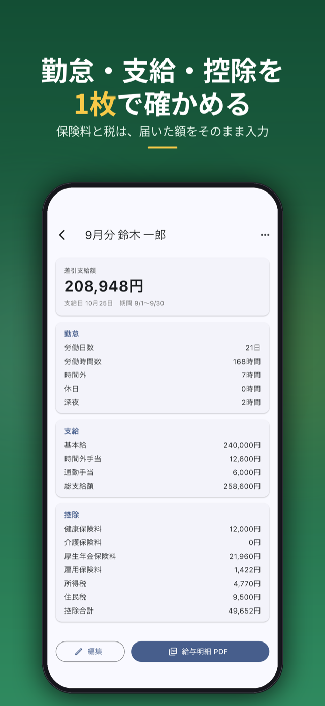 勤怠・支給・控除を1枚で確かめる。保険料と税は届いた額をそのまま入力
