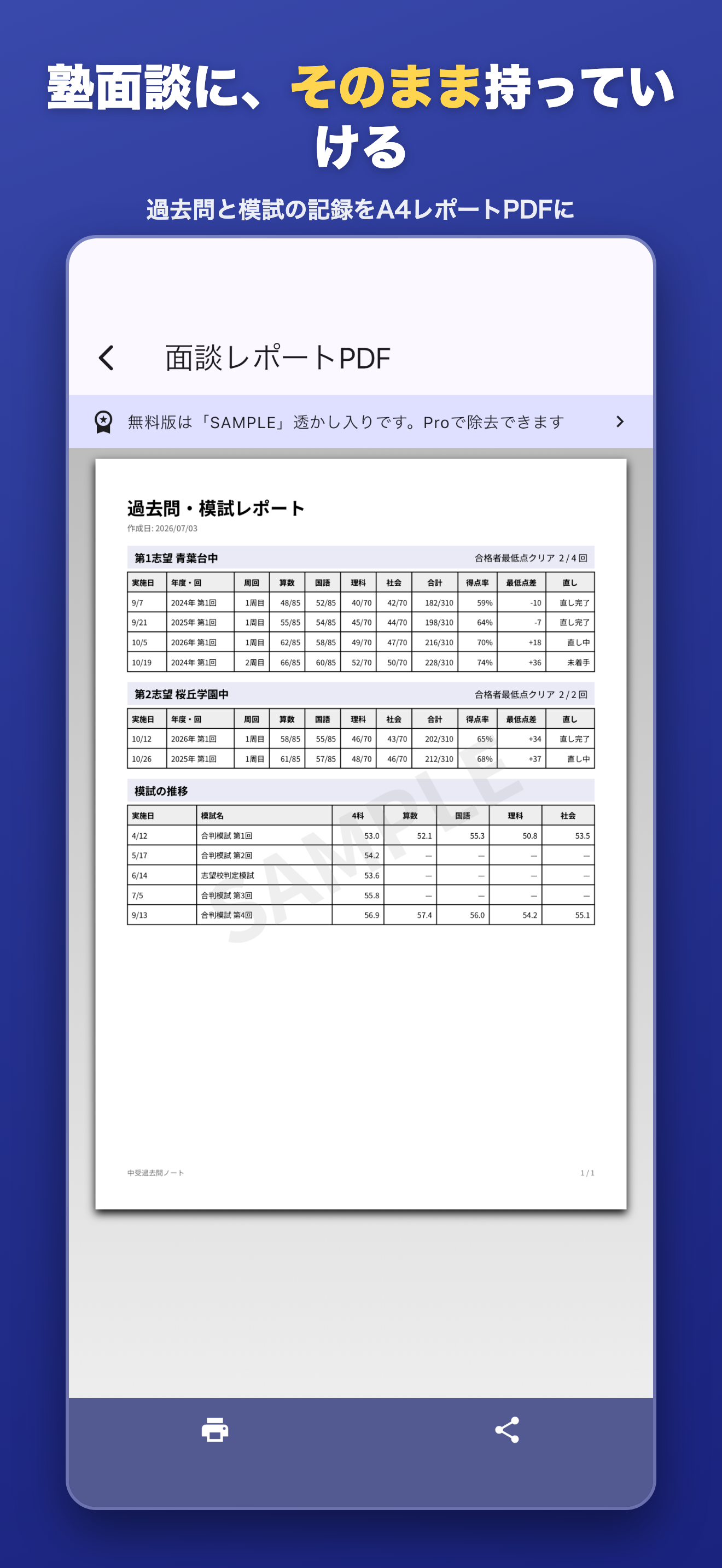 面談レポートPDF — 過去問と模試の記録をA4に