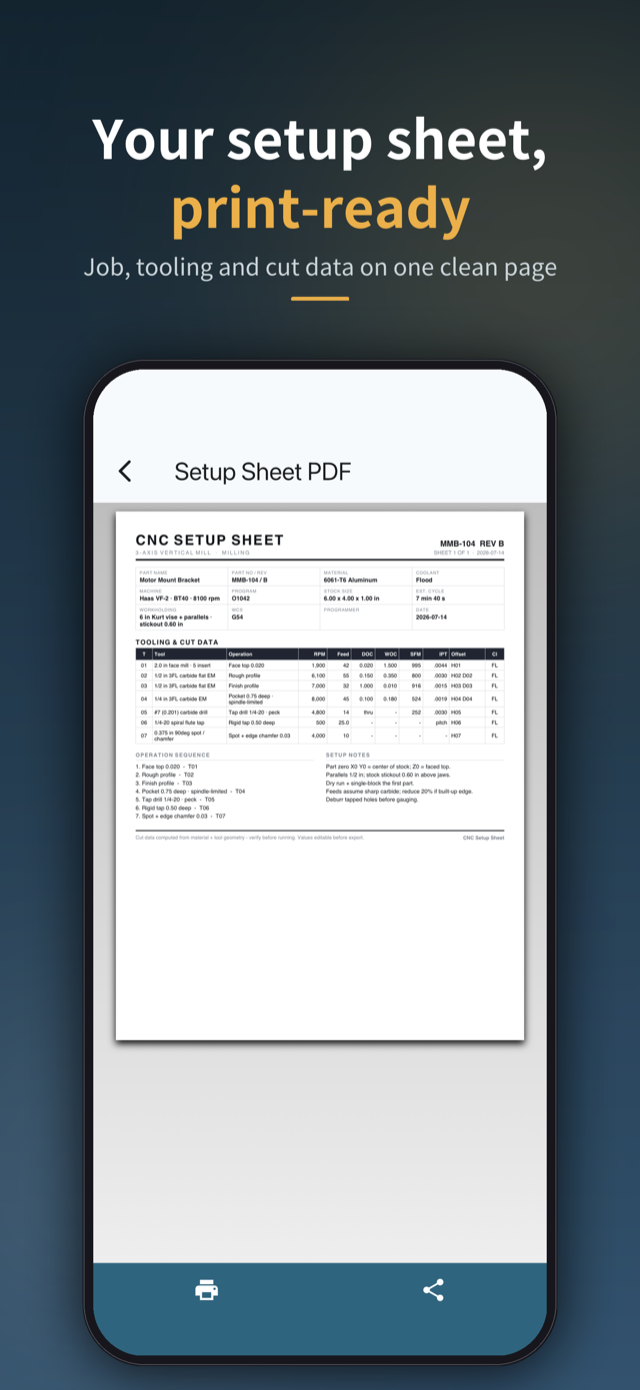 Your setup sheet, print-ready — job, tooling and cut data on one clean PDF page