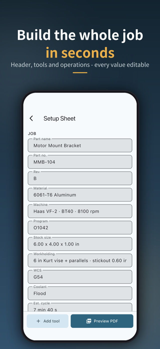 Build the whole job in seconds — header, tools and operations, every value editable
