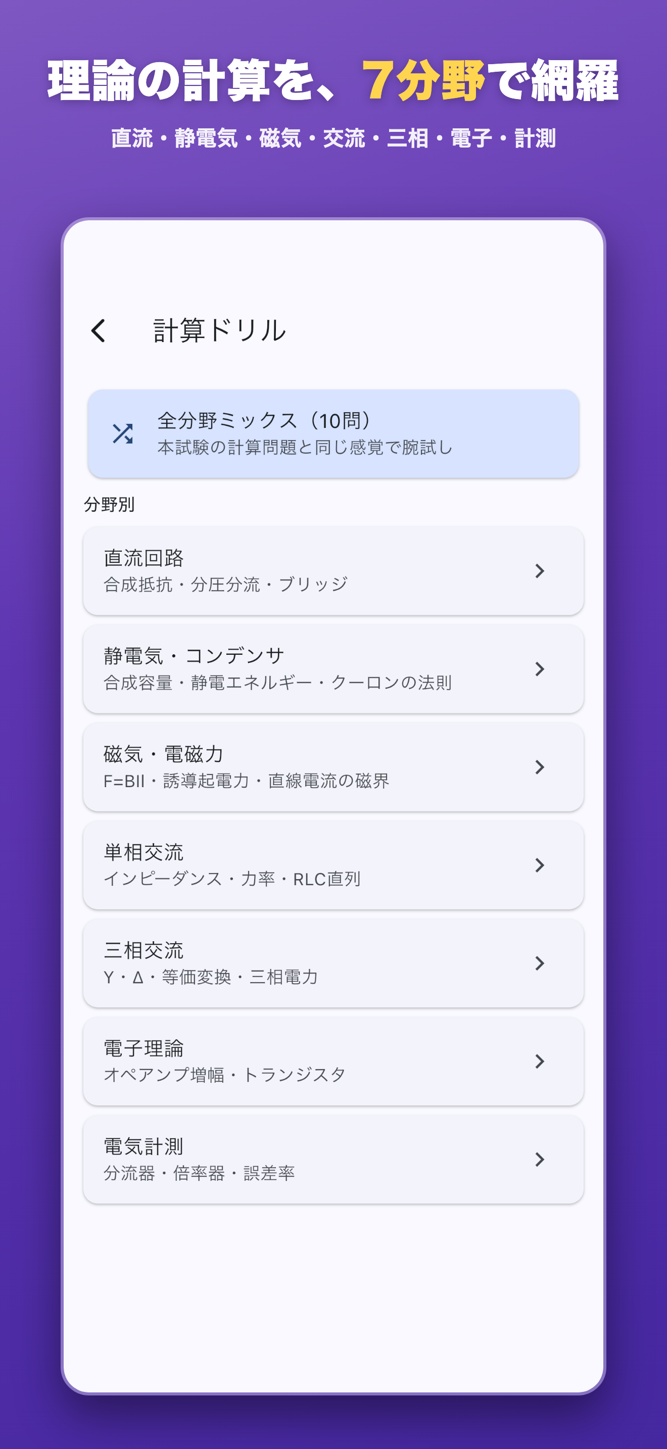 理論7分野 — 直流・静電気・磁気・交流・三相・電子・計測