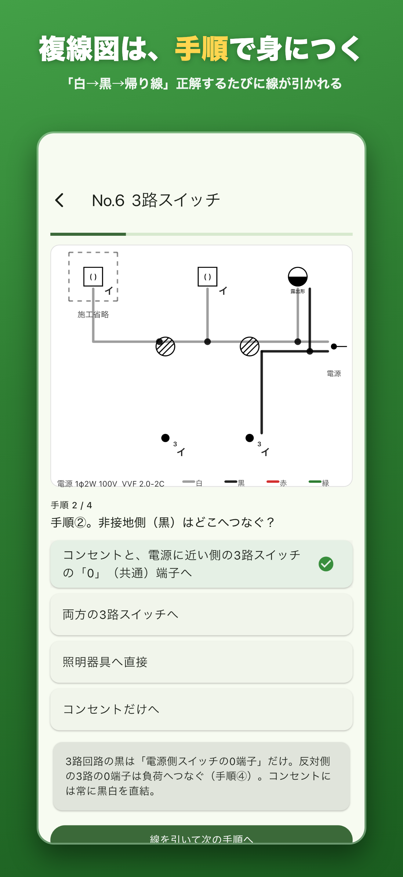 複線図は、手順で身につく — 「白→黒→帰り線」正解するたびに線が引かれる