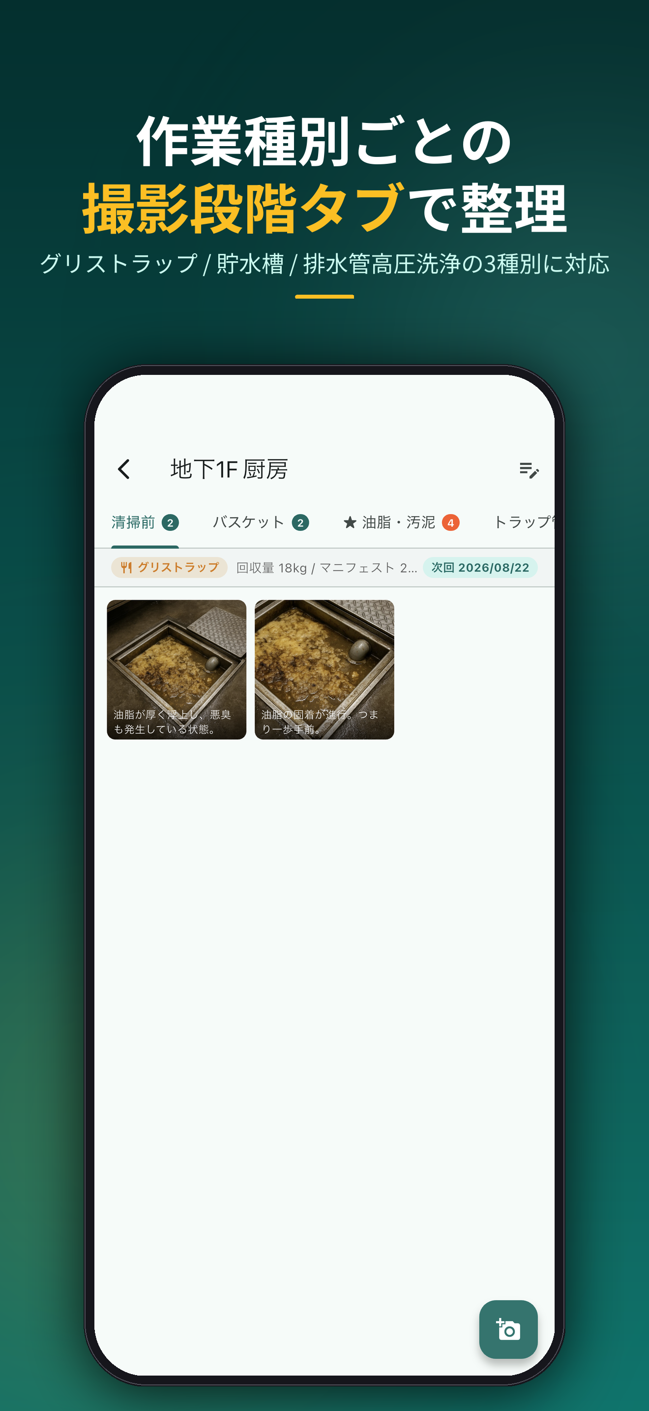 作業種別ごとの撮影段階タブで整理。グリストラップ / 貯水槽 / 排水管高圧洗浄の3種別に対応