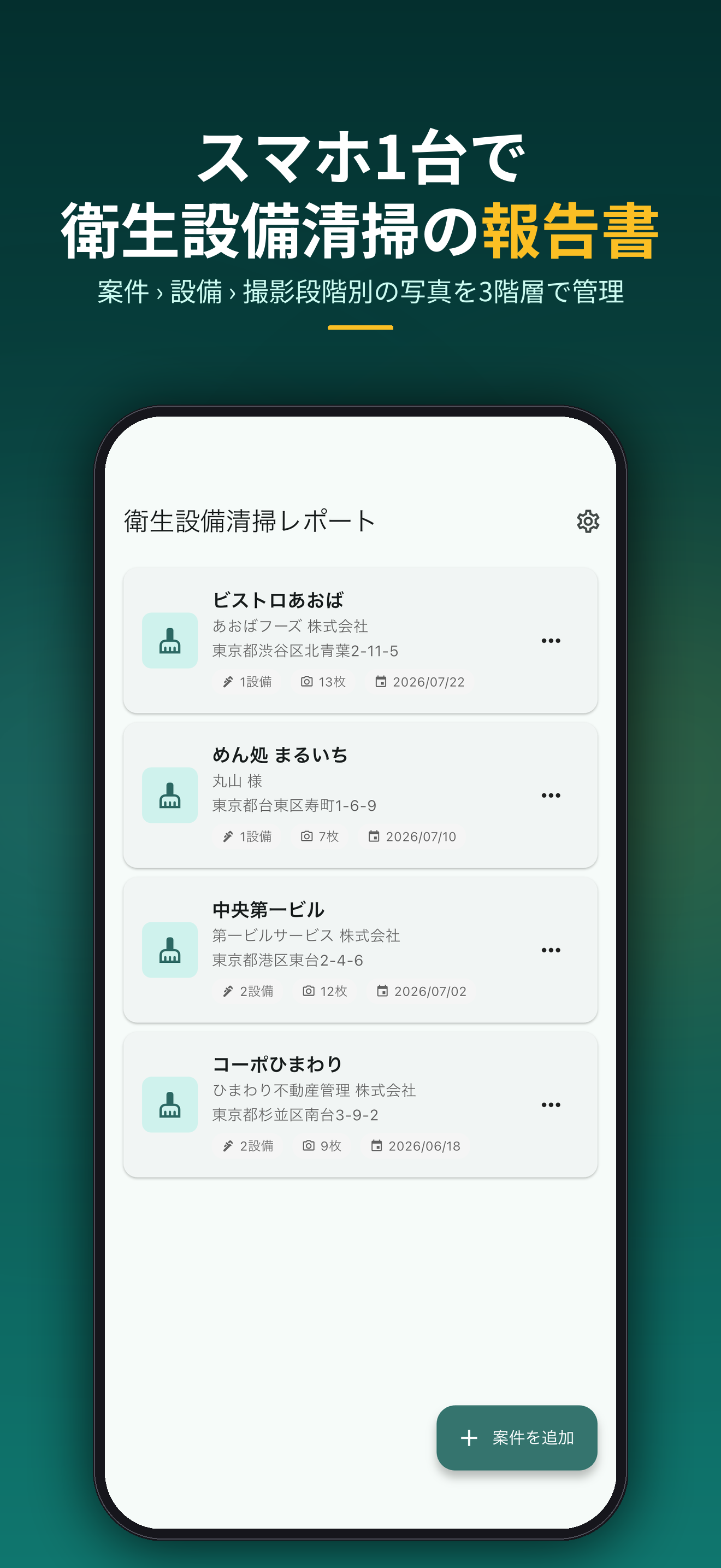 スマホ1台で衛生設備清掃の報告書。案件・設備・撮影段階別の写真を3階層で管理