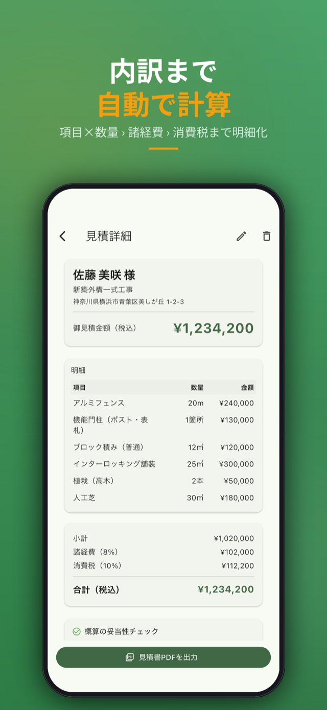 明細 — 工事項目・諸経費・消費税を内訳表示