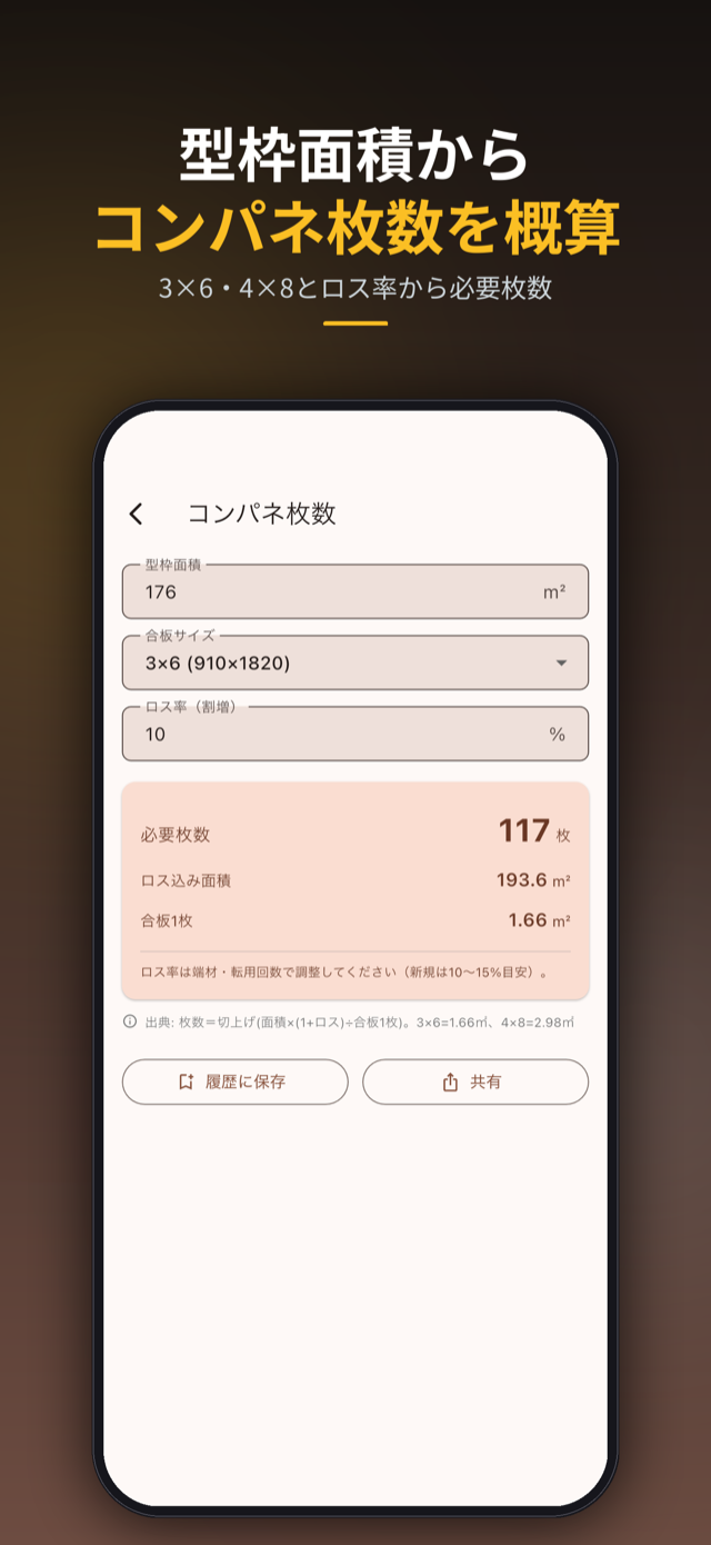 型枠面積とロス率からコンパネの必要枚数を概算