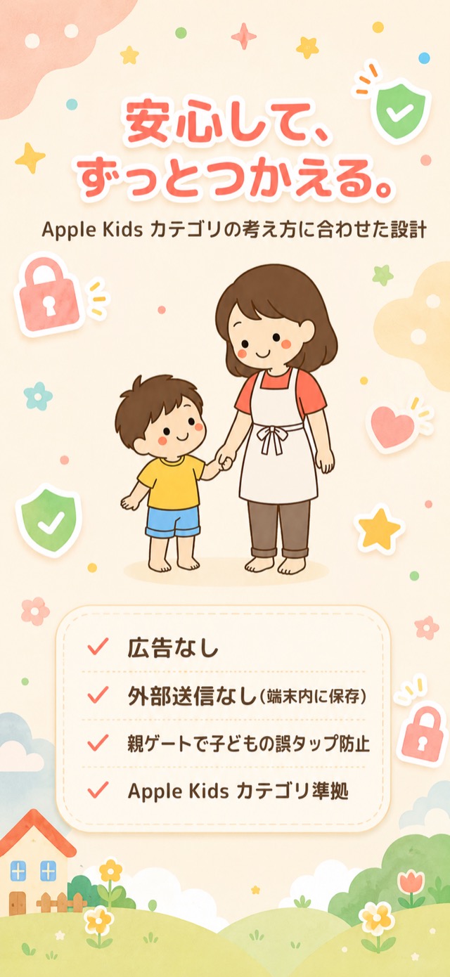 広告なし・外部送信なし・親ゲート。Apple Kidsカテゴリ準拠の安心設計