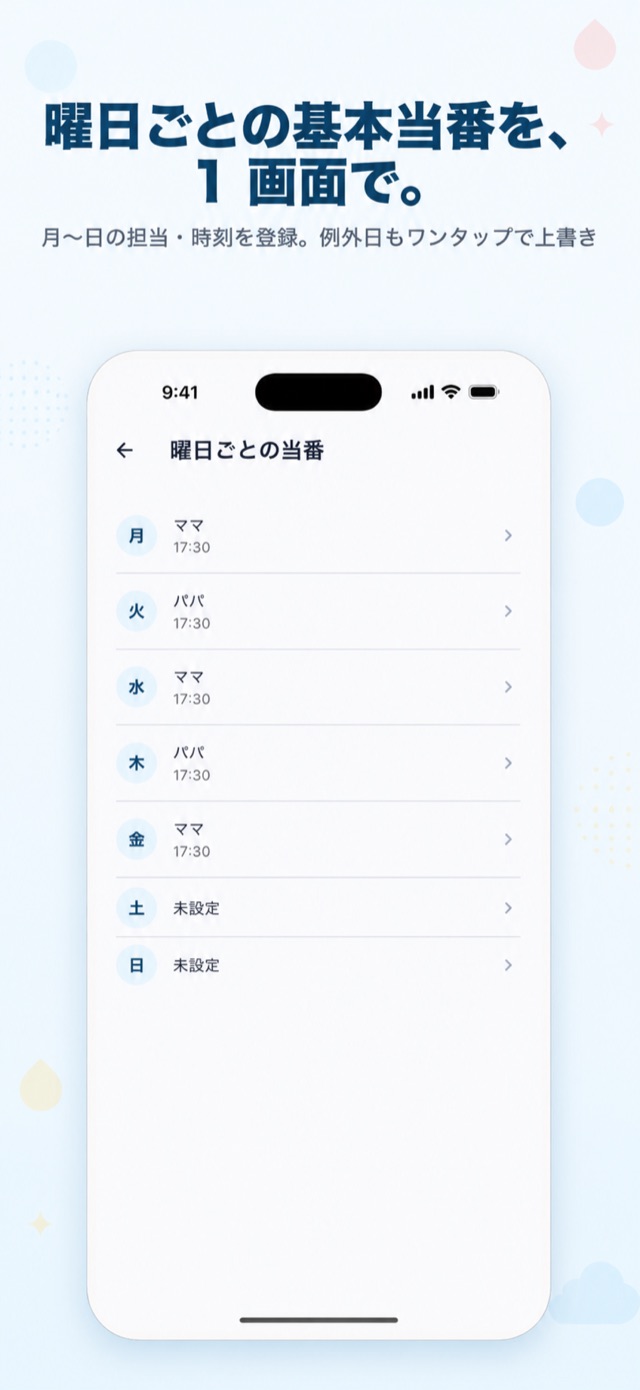 曜日ごとの基本当番を、1画面で。例外日もワンタップで上書き