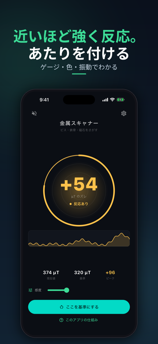 近いほど強く反応。ゲージ・色・振動であたりを付ける