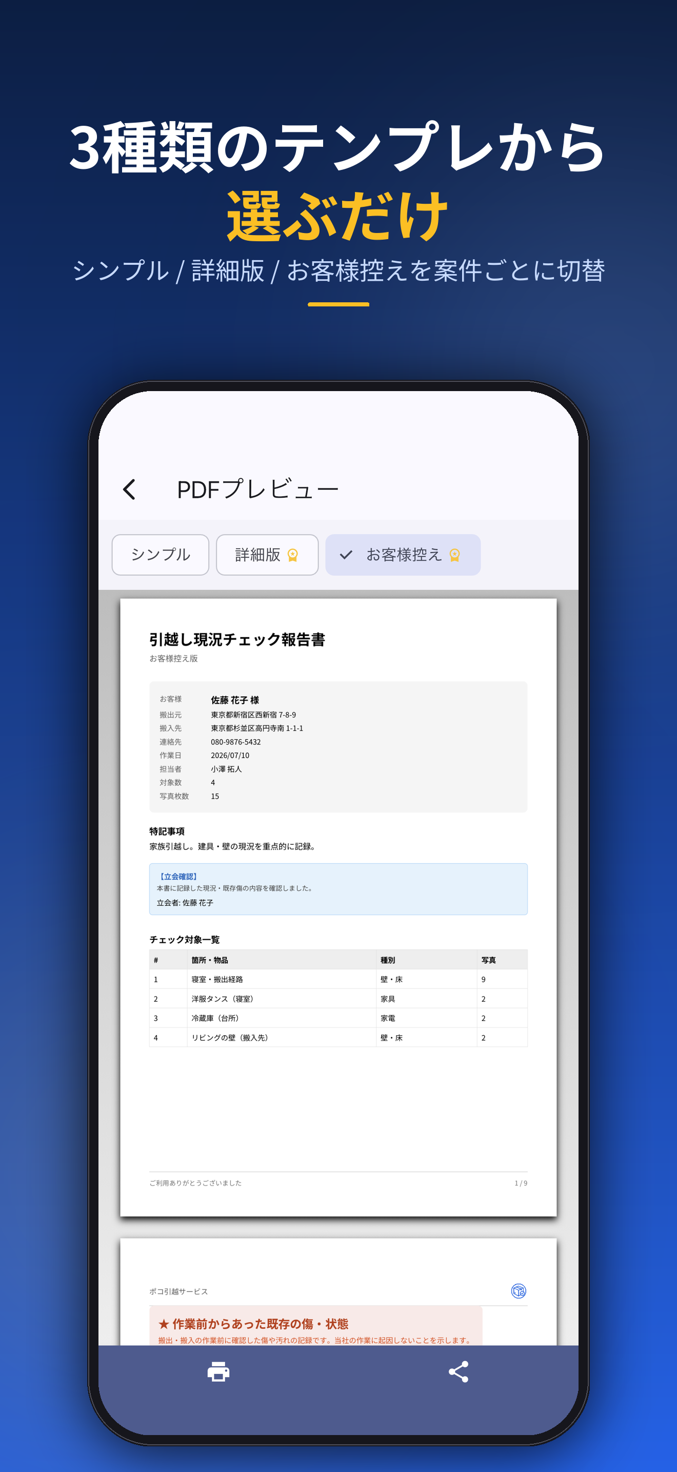 3種類のテンプレから選ぶだけ。シンプル / 詳細版 / お客様控えを案件ごとに切替