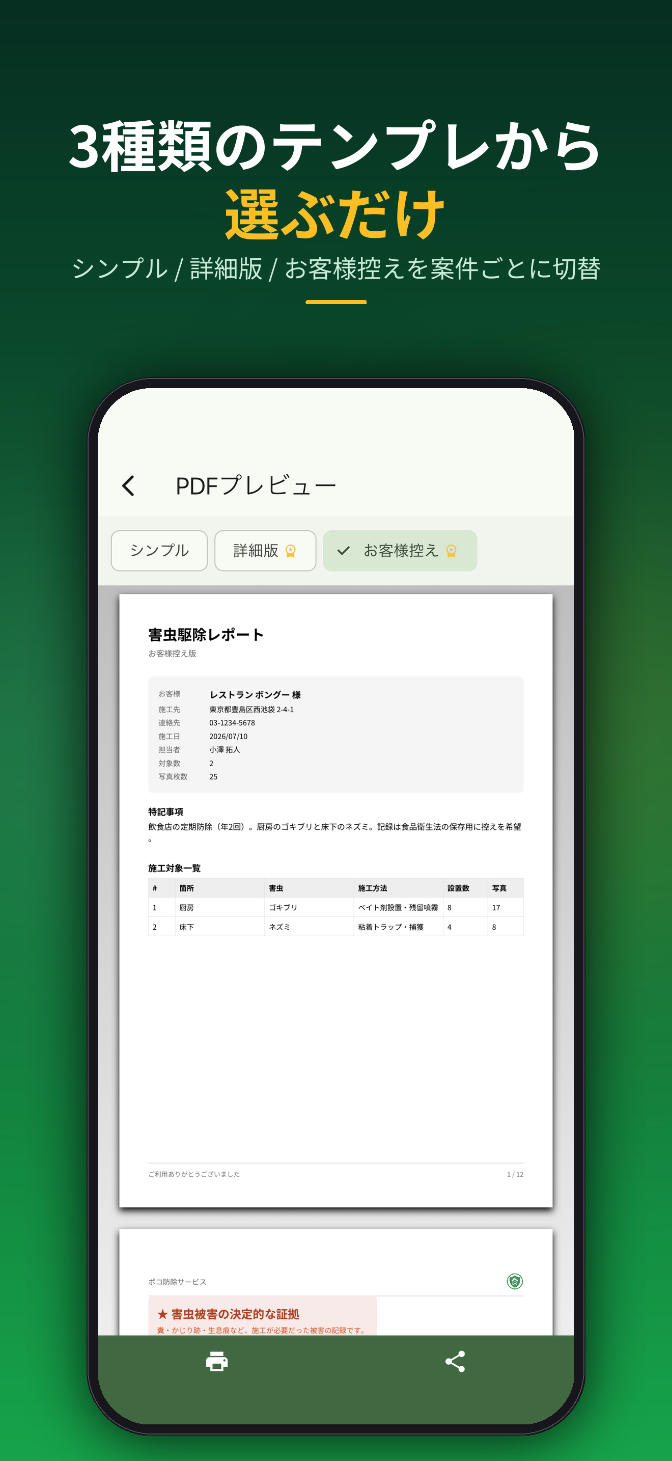3種類のテンプレから選ぶだけ。シンプル / 詳細版 / お客様控えを案件ごとに切替