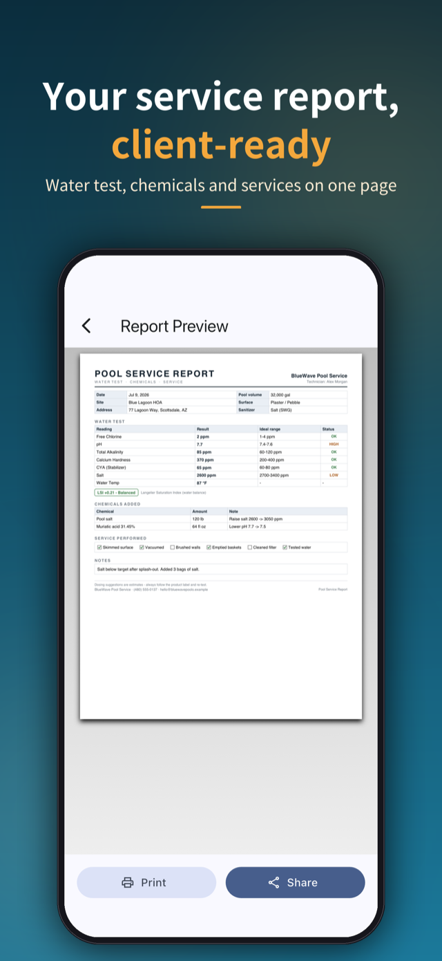 Your service report, client-ready — water test, chemicals and services on one page