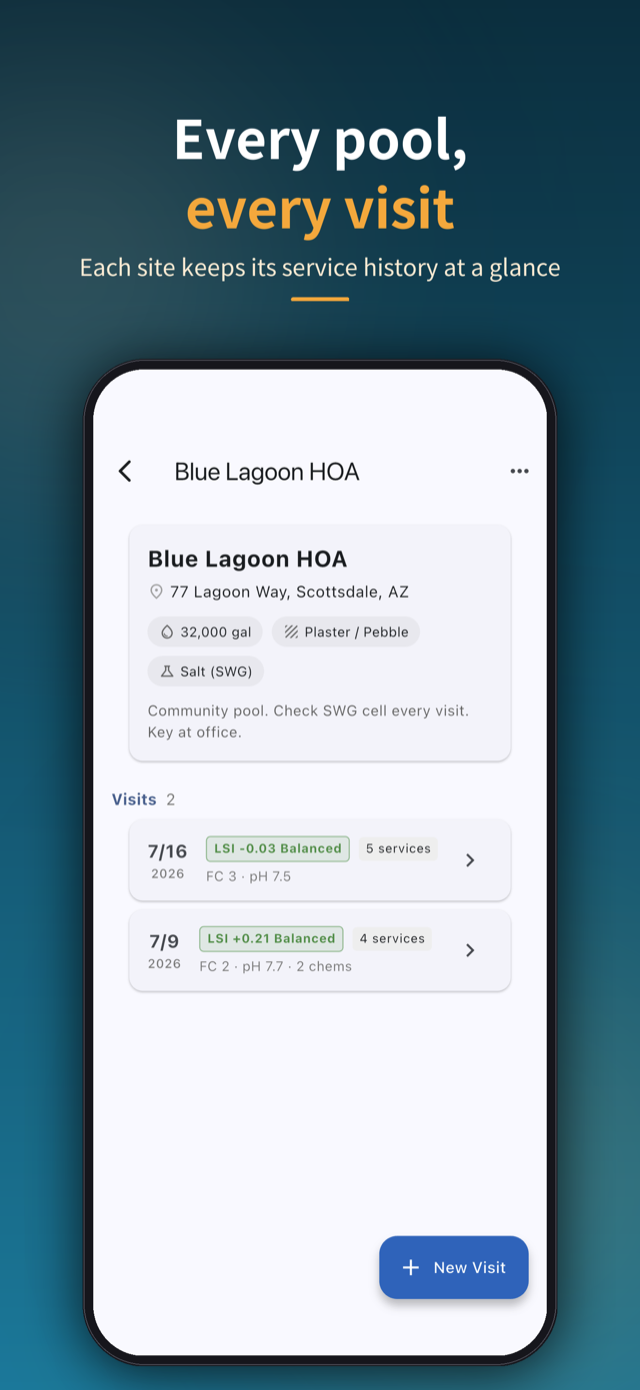 Every pool, every visit — each site keeps its service history at a glance