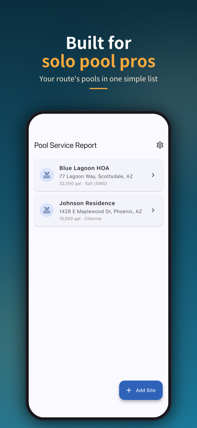 Built for solo pool pros — your route's pools in one simple list