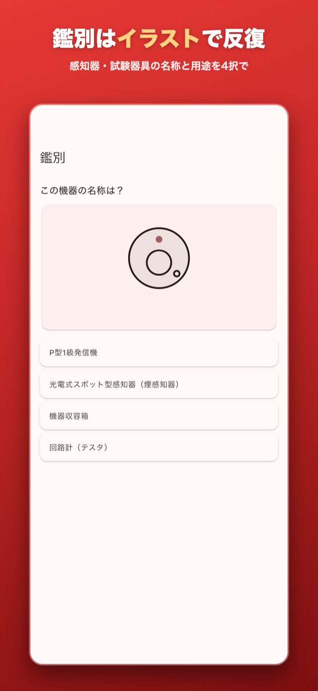 鑑別はイラストで反復。感知器・発信機・試験器具の名称と用途を4択で