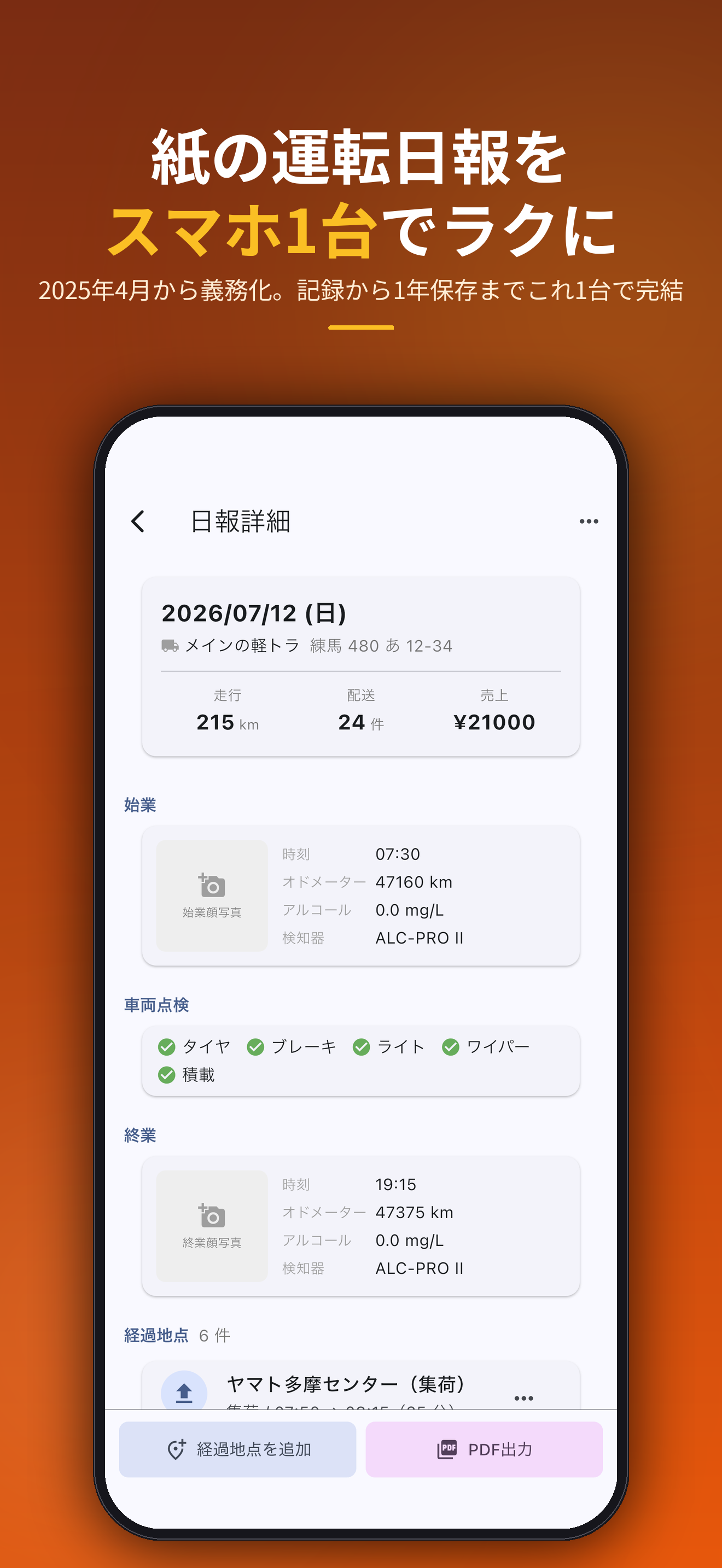 紙の運転日報をスマホ1台でラクに。アルコールチェック・車両点検・経過地点まで1日分をまとめて記録