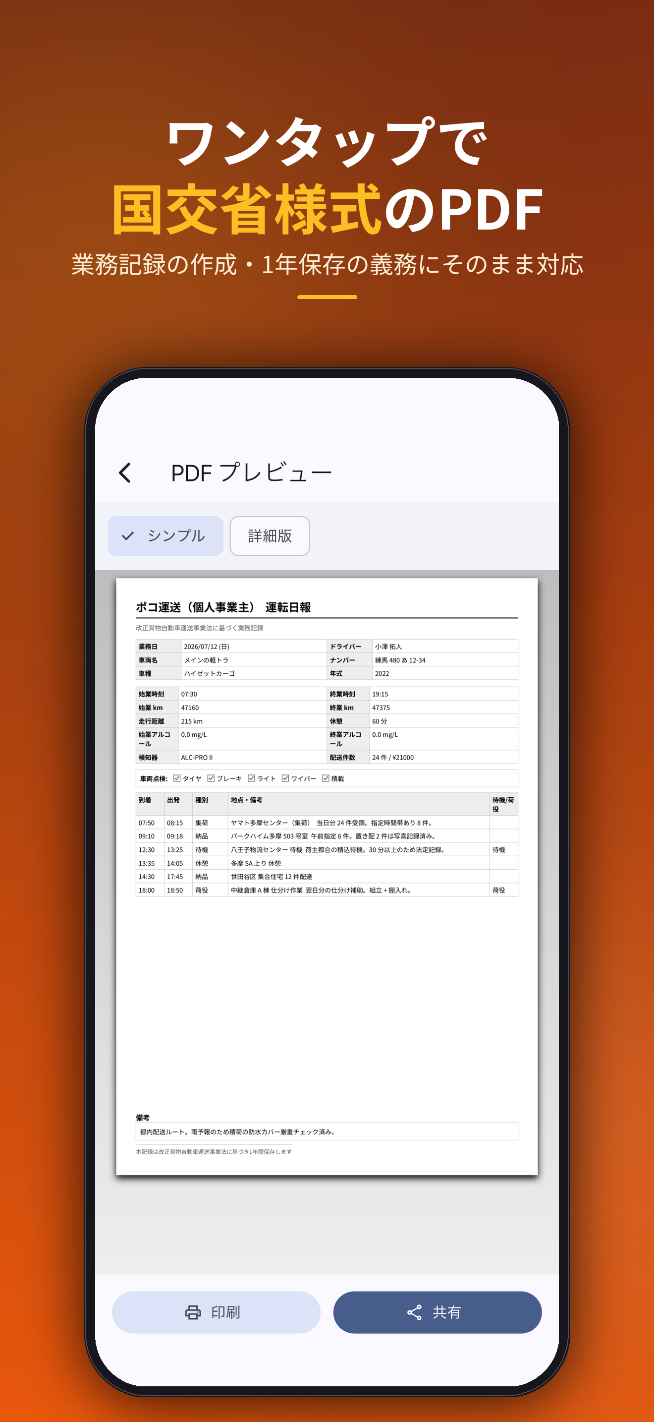 ワンタップで国交省様式のPDF。業務記録の作成・1年保存の義務にそのまま対応