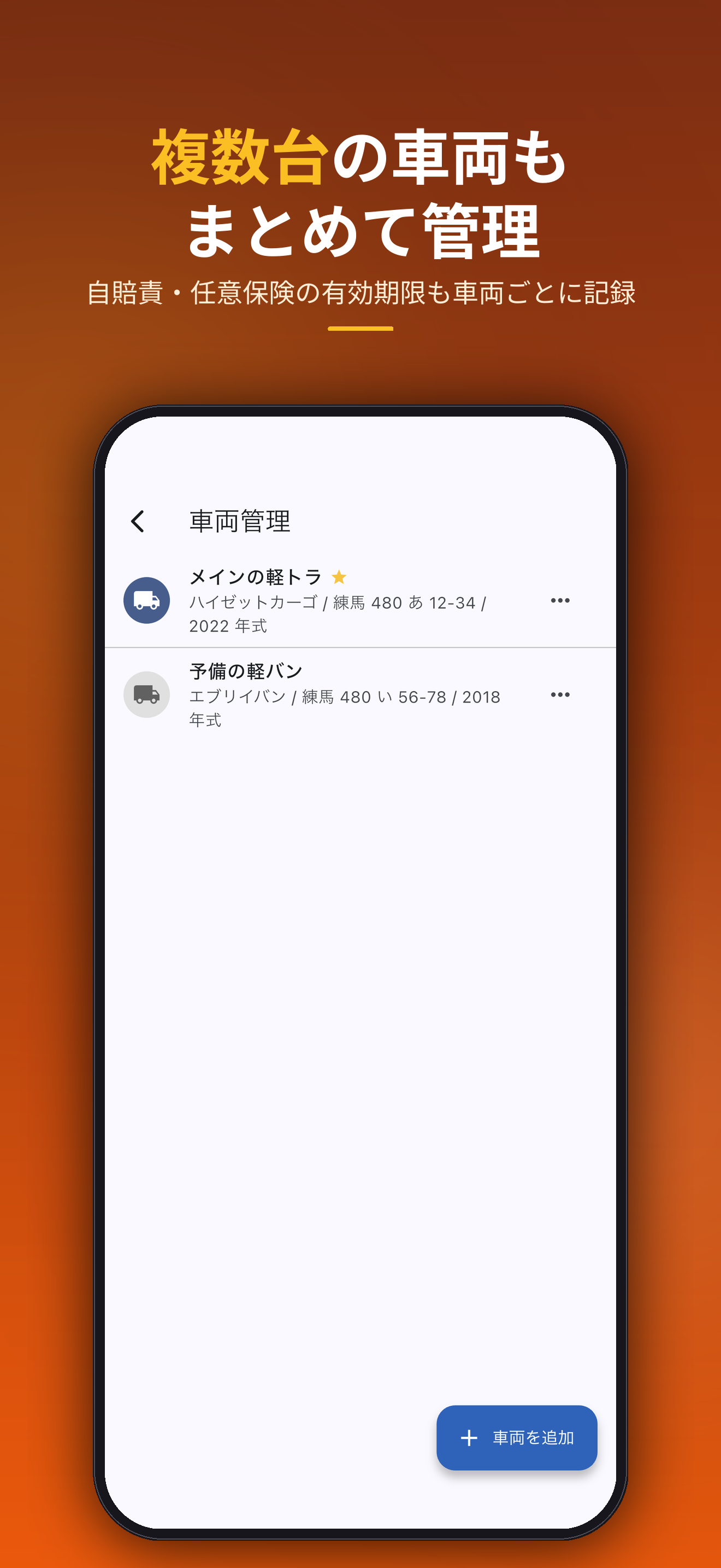 複数台の車両もまとめて管理。自賠責・任意保険の有効期限も記録