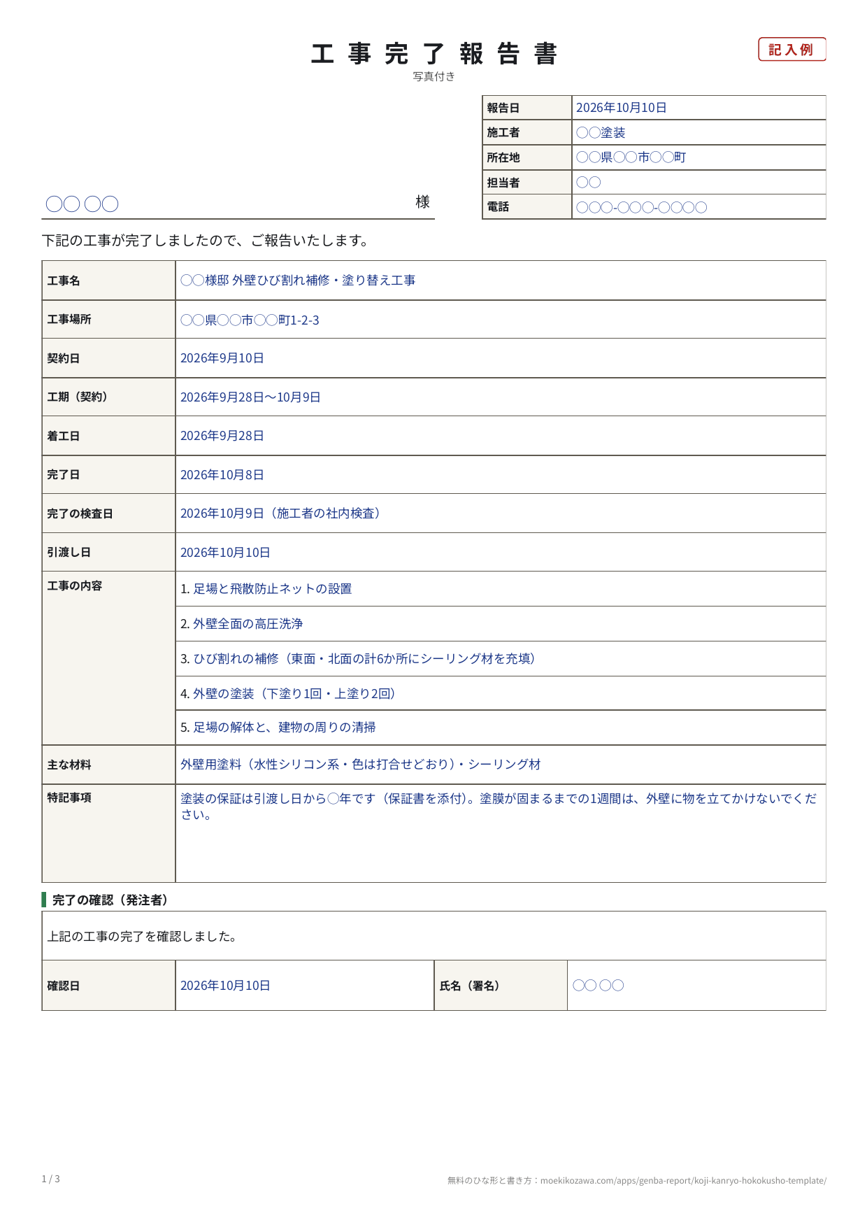 工事完了報告書の記入例の1枚目。宛先の発注者の下に「下記の工事が完了しましたので、ご報告いたします。」の一文、工事名（◯◯様邸 外壁ひび割れ補修・塗り替え工事）・工事場所・契約日・工期・着工日・完了日（2026年10月8日）・完了の検査日・引渡し日（2026年10月10日）・工事の内容の5行・主な材料・特記事項が並び、いちばん下に発注者の確認日と署名の欄がある。右上に報告日・施工者・所在地・担当者・電話